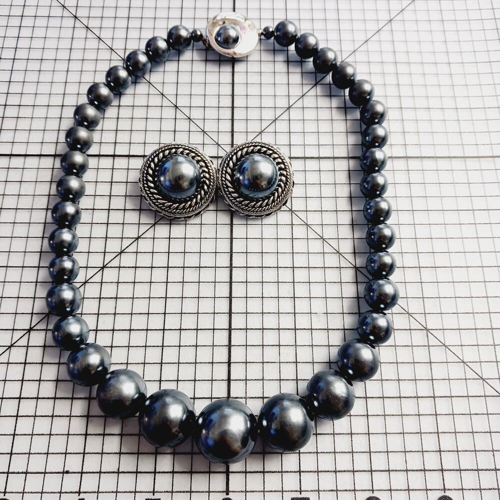 Necklace Earring Clip Set VTG Gunmetal Gray Faux Pearl Formal Cocktail Eve 90s